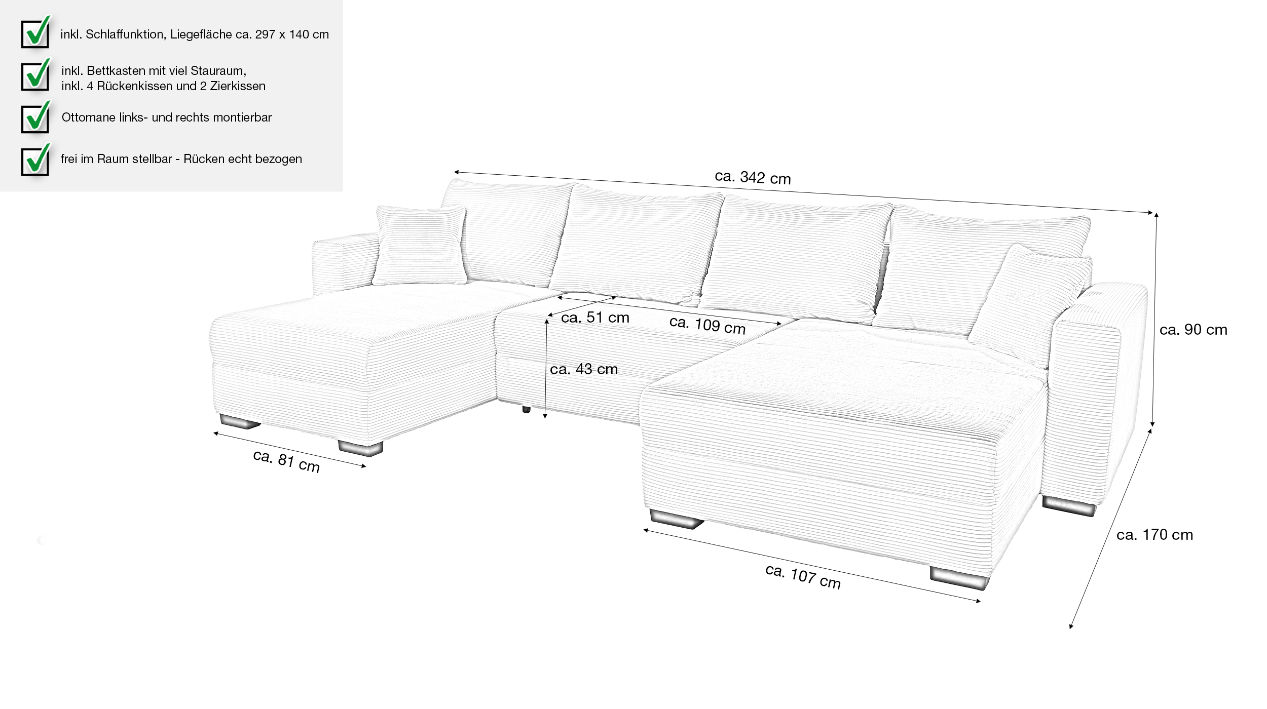 Wohnlandschaft mit Schlaffunktion Cord grau-beige 342 cm - SELMA